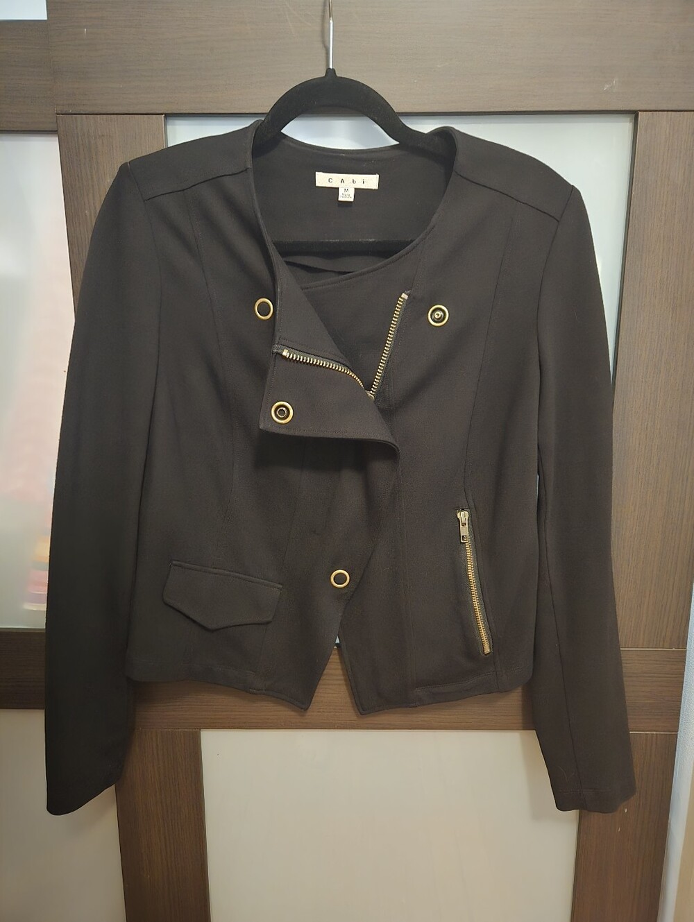 CAbi Black Asymmetrical Jacket with Brass Hardware
